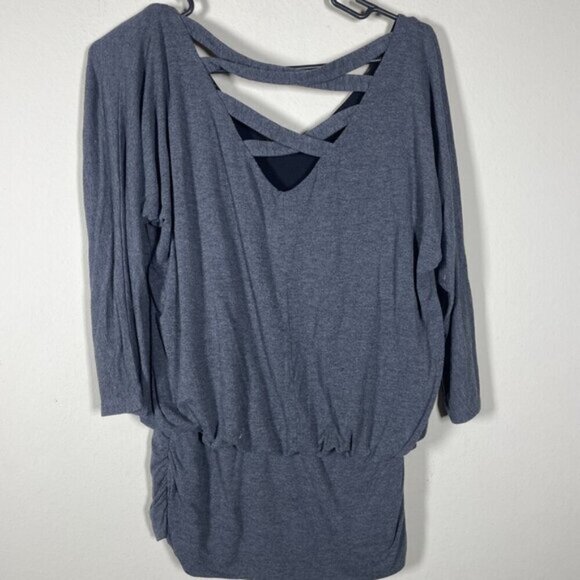 White House Black Market Women's 3/4 Sleeve Banded Bottom Gray Top S Cross Back! - Picture 4 of 4